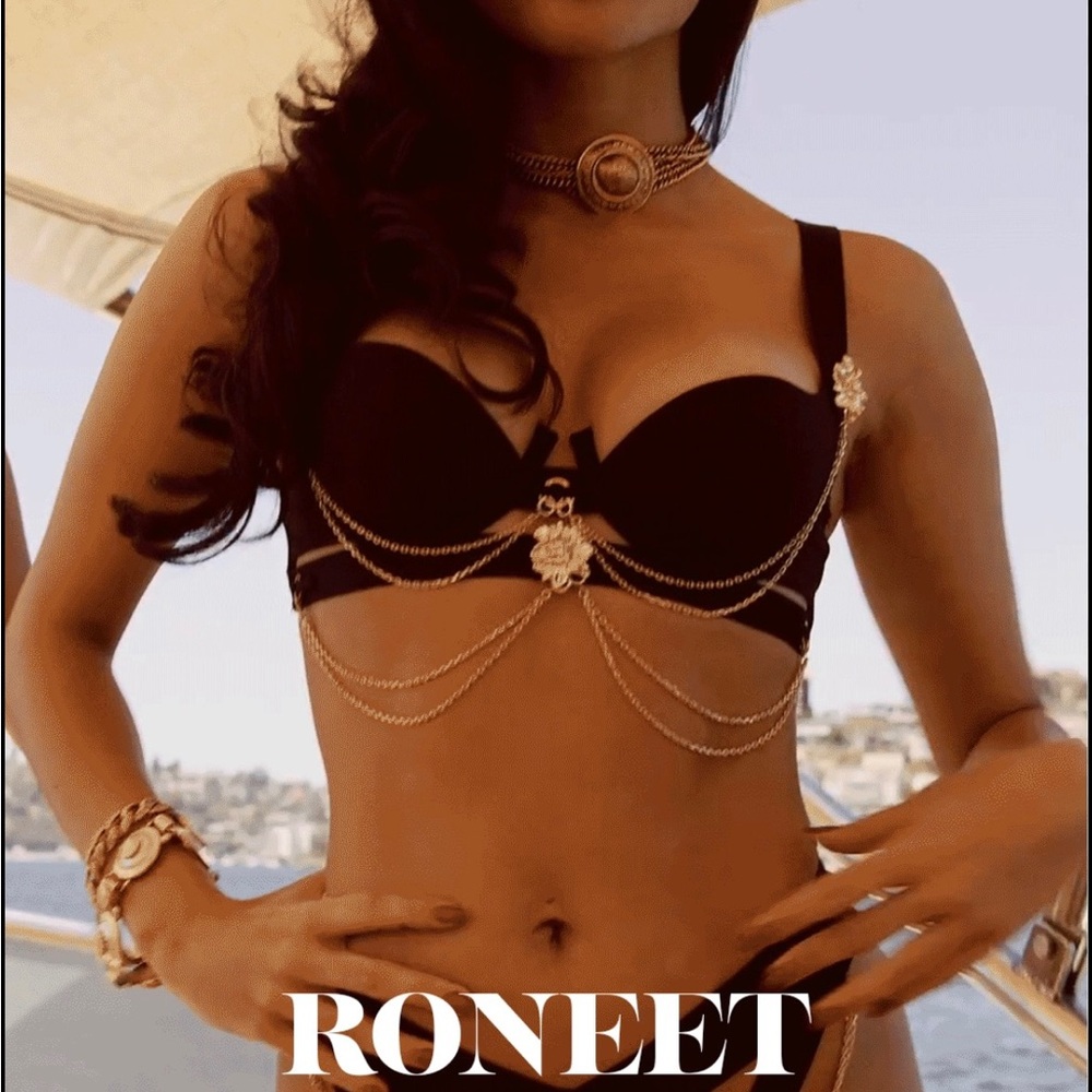 Honey Birdette Roneet Black and Gold Chain Detail Bra - 34DD